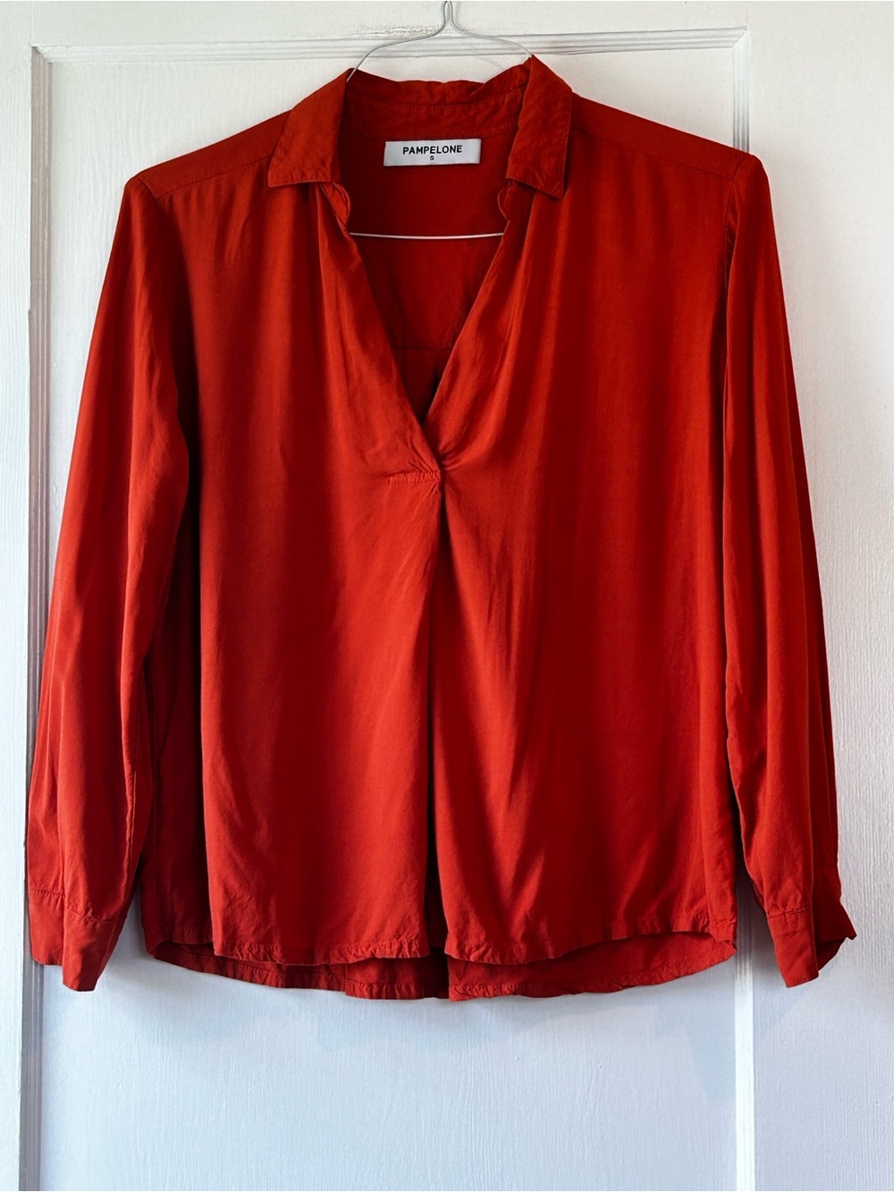 Pampelone Burnt Orange V-Neck Long Sleeve Blouse - Rayon - Small